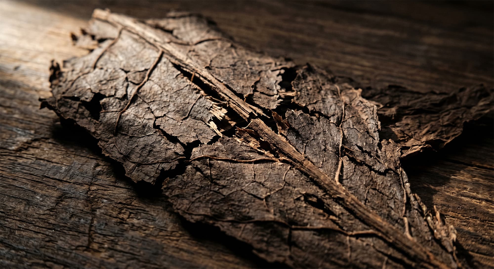Dried cracked cigar leaf showing thermal damage