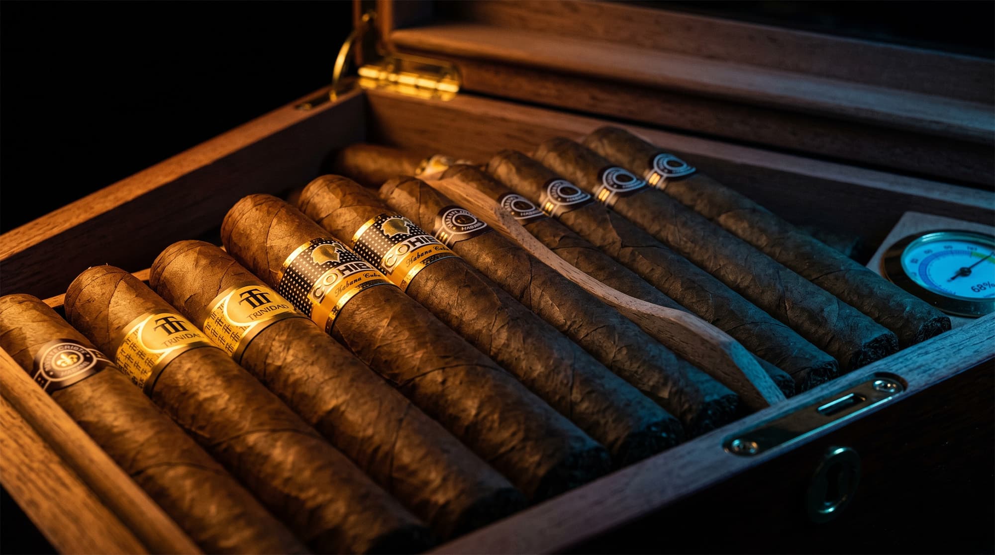 Premium cigars in humidor with hygrometer