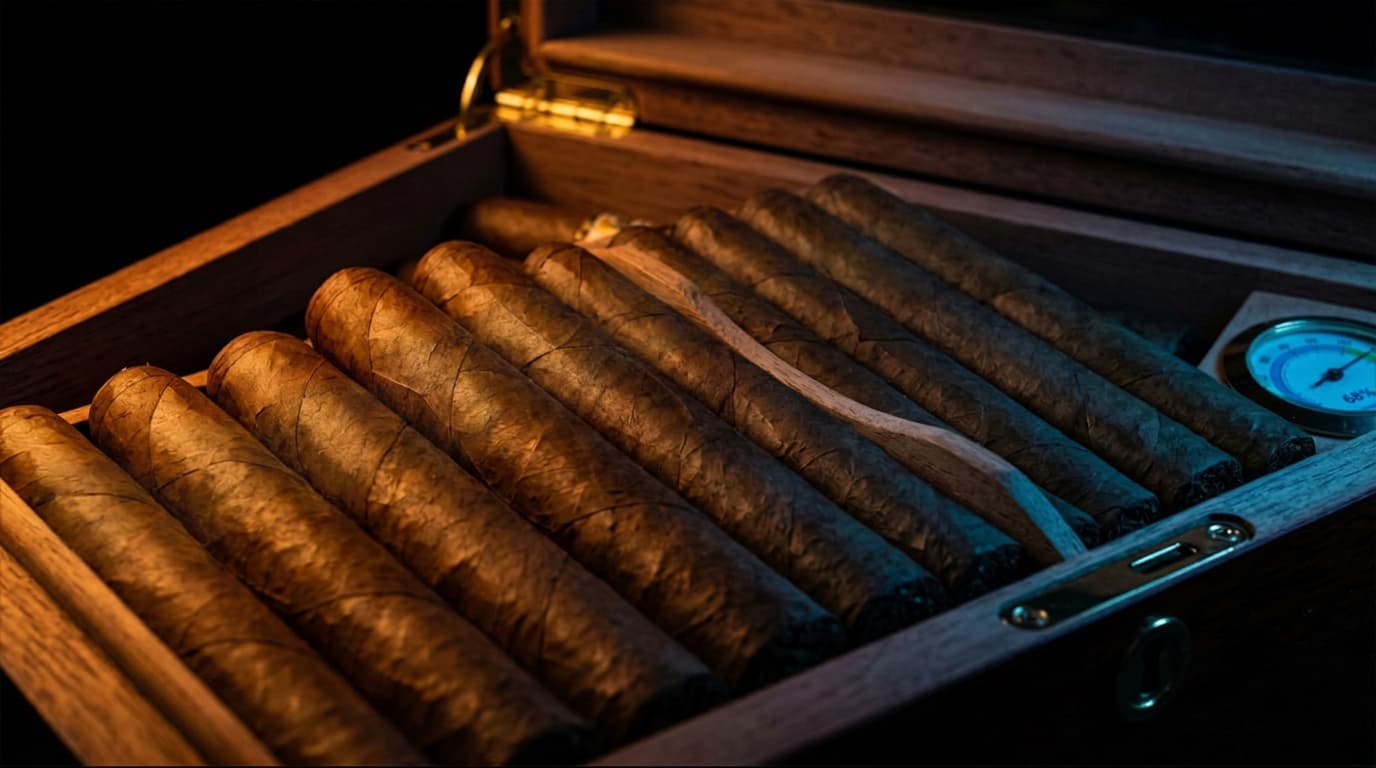 Premium cigars in humidor with hygrometer